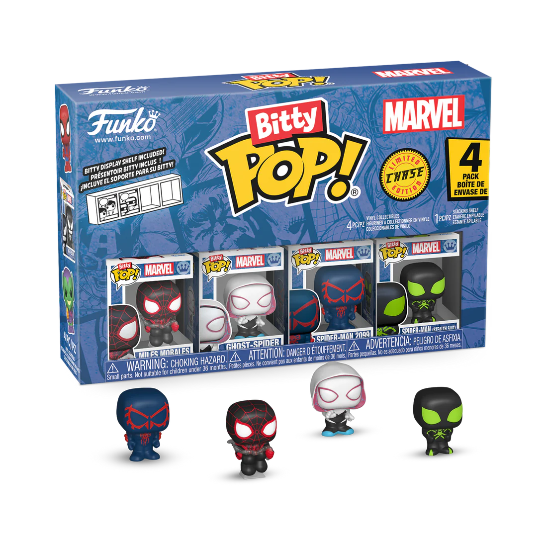 Funko Marvel Bitty Pop! packaging with four figures displayed in front
