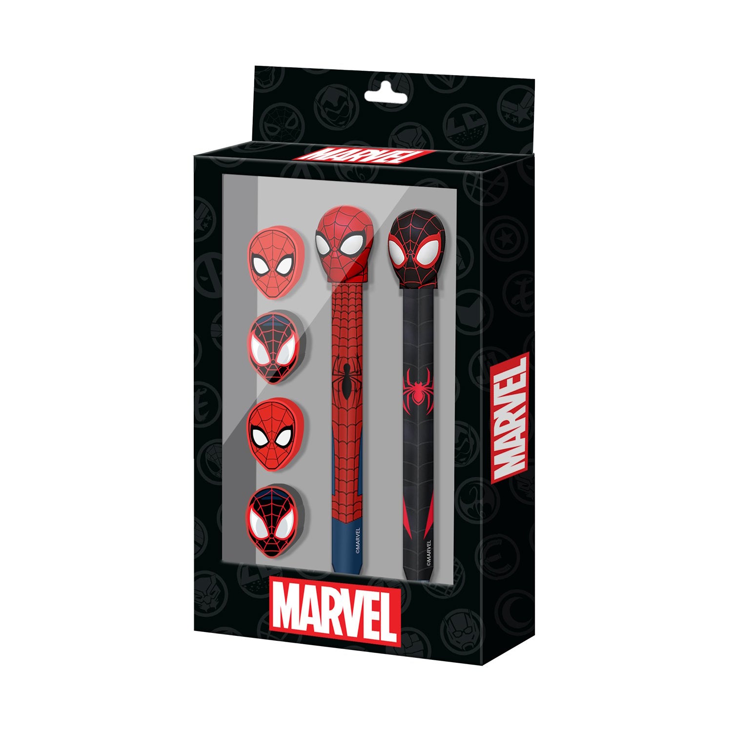Marvel Spider-Man themed product packaging with red and black design on a white background