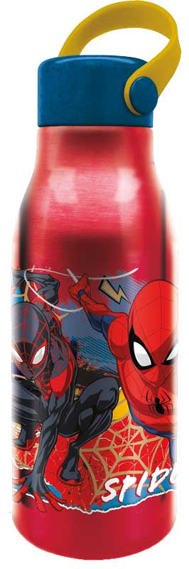 Red water bottle with Spider-Man design and blue lid