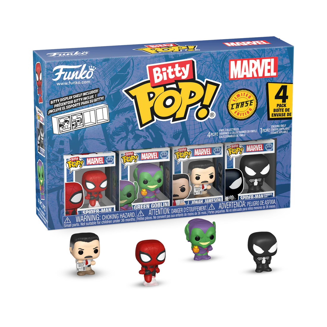 Funko Marvel Bitty Pop! packaging with four figures displayed in front.