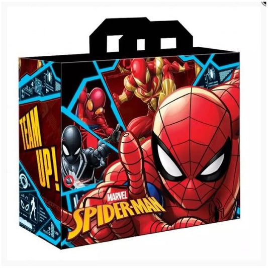 Spider-Man themed gift bag with superhero design on a white background