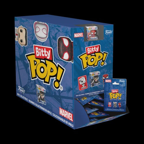 A Marvel Bitty Pop! collectible vinyl display box filled with small blue blind packs, shown on a black background. The packaging features Funko Pop! character graphics and Marvel branding.