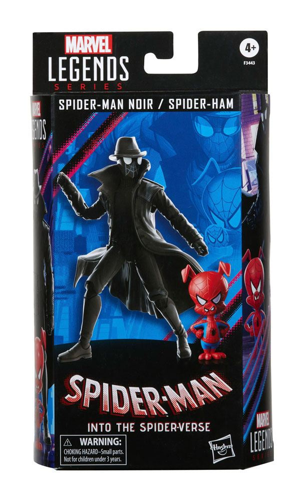 Marvel Legends Spider-Man Noir action figure packaging with Spider-Ham on a white background