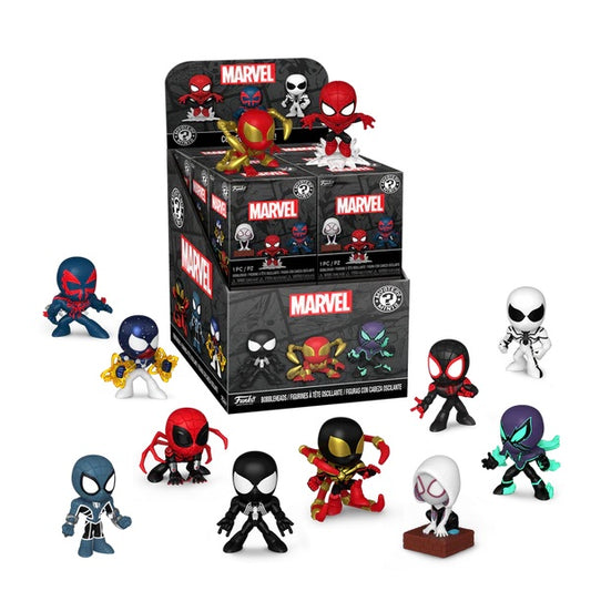 A collection of Spider-Man themed Mystery Minis figurines in various outfits and poses, with packaging visible in the background.