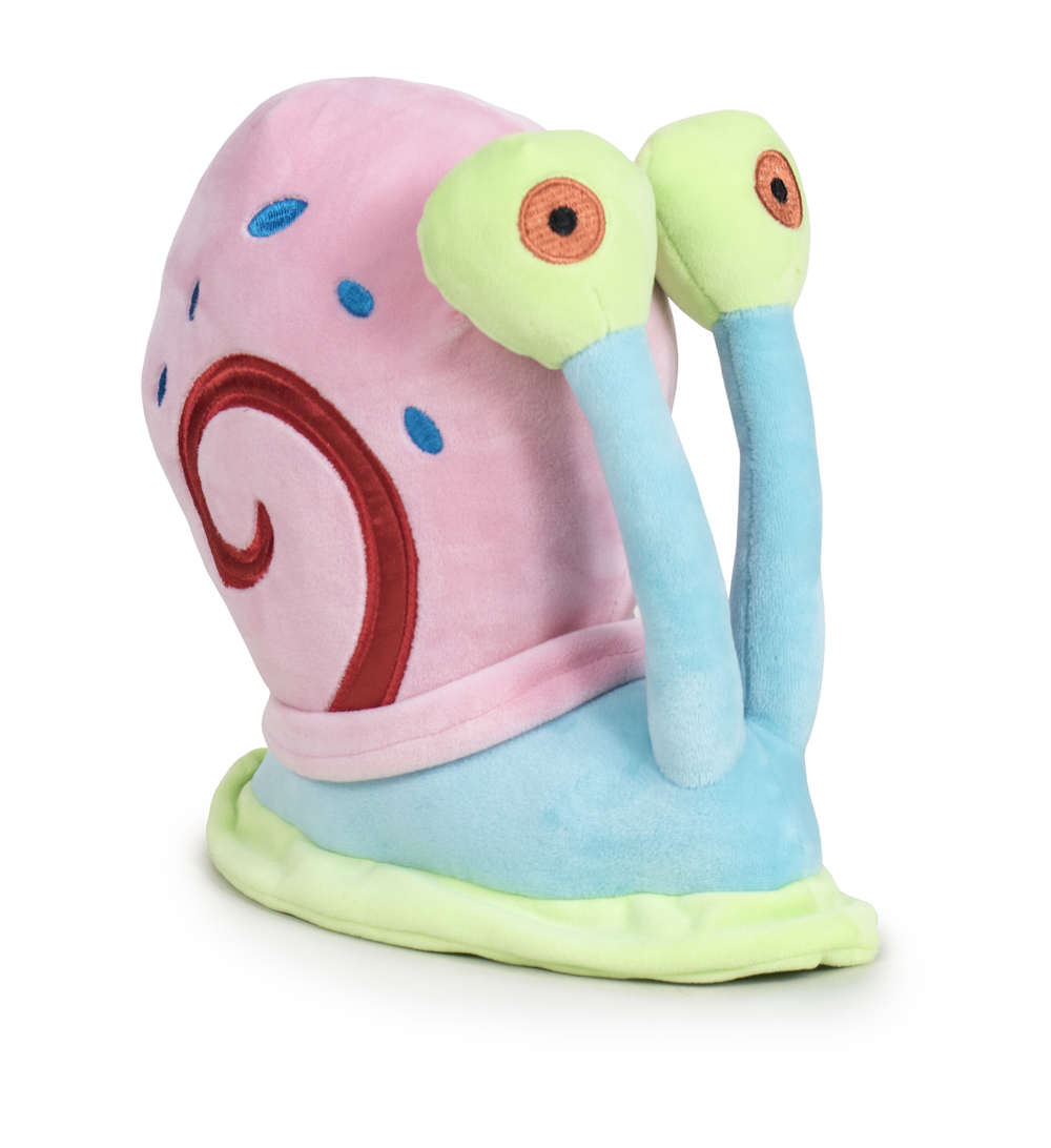 Colorful plush toy resembling a snail on a white background