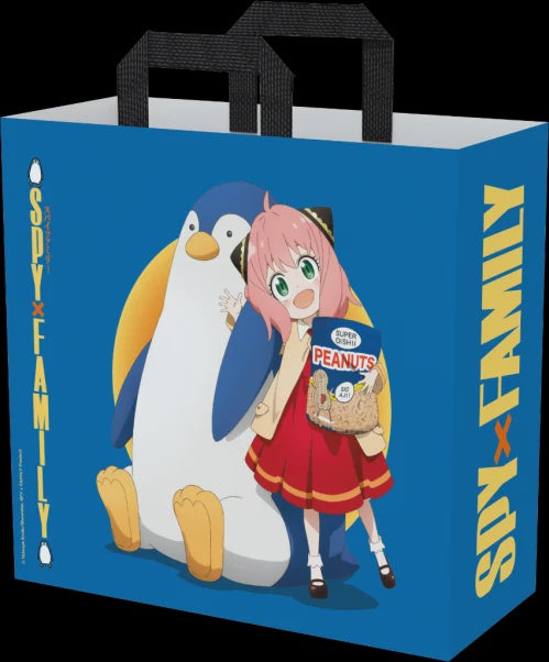 Cartoon character holding a box of Peanuts on a blue bag with 'Spy x Family' branding.