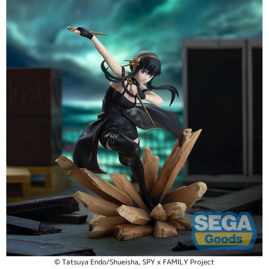 Figurine of a character from SPY x FAMILY Project on a wooden platform with a blurred background