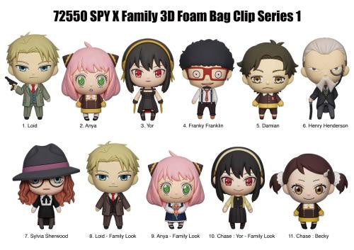 Set of 11 SPY X Family 3D foam bag clips with character names on a white background