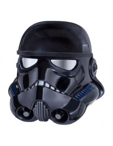 Black stormtrooper helmet with blue accents on a white background
