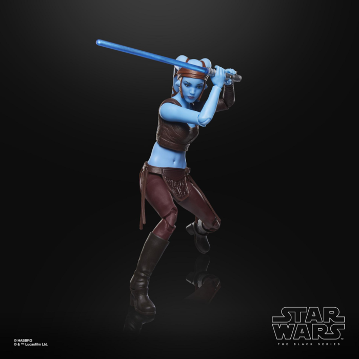 Star Wars action figure with a blue lightsaber on a black background