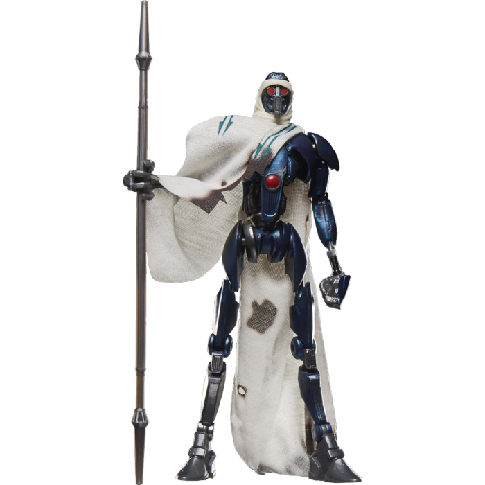 Blue robot action figure with a white robe and a staff on a white background