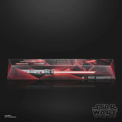 Star Wars The Black Series Kylo Ren Lightsaber in its original window box packaging, featuring a red and black design with character artwork on a dark reflective background.