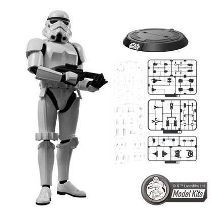 Star Wars Stormtrooper model kit display showing a assembled white stormtrooper figure holding a black blaster, alongside a black display base, clear plastic parts, and printed assembly sheets on a white background. A Model Kits logo is visible in the bottom right corner.