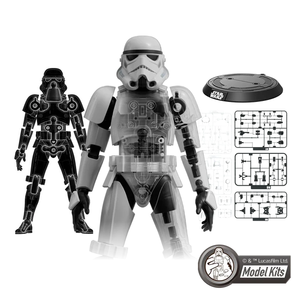 A Star Wars model kit showing a translucent gray and black Stormtrooper figure, a black droid figure, a round black base, and assembly instruction sheets on a white background. A Star Wars logo is visible on the base and a 'Model Kits' logo in the bottom right.