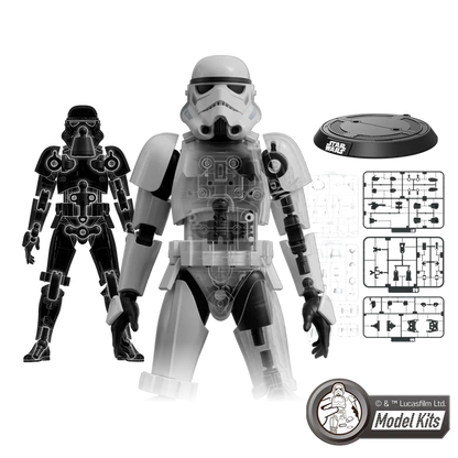 A Star Wars model kit showing a translucent gray and black Stormtrooper figure, a black droid figure, a round black base, and assembly instruction sheets on a white background. A Star Wars logo is visible on the base and a 'Model Kits' logo in the bottom right.