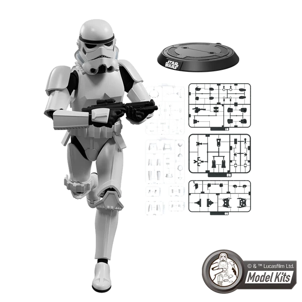 Star Wars Model Kits Stormtrooper action figure kit shown with a white Stormtrooper figure holding a blaster, a black round base, clear plastic accessory sprues, and a Star Wars Model Kits logo badge on a white background.
