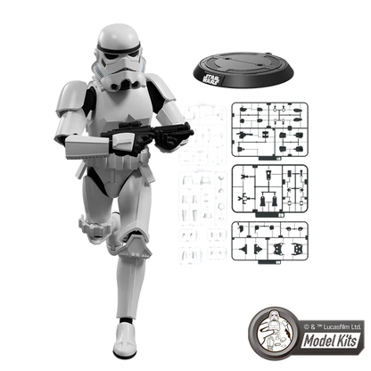 Star Wars Model Kits Stormtrooper action figure kit shown with a white Stormtrooper figure holding a blaster, a black round base, clear plastic accessory sprues, and a Star Wars Model Kits logo badge on a white background.