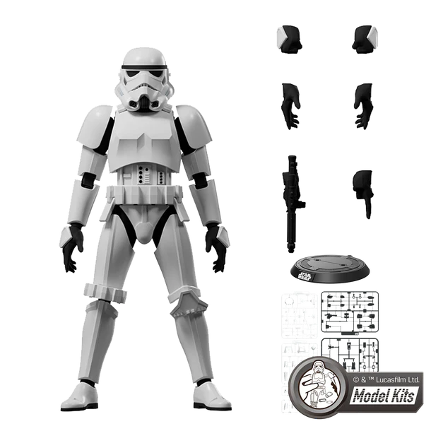 Star Wars collectible action figure of a white stormtrooper standing on a display base, shown with multiple interchangeable hands, a blaster, alternate head pieces, and a model kit packaging logo on a plain white background.