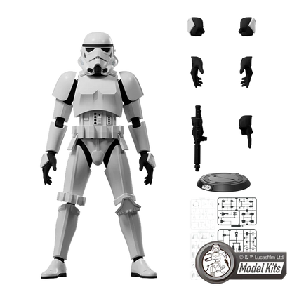 Star Wars collectible action figure of a white stormtrooper standing on a display base, shown with multiple interchangeable hands, a blaster, alternate head pieces, and a model kit packaging logo on a plain white background.