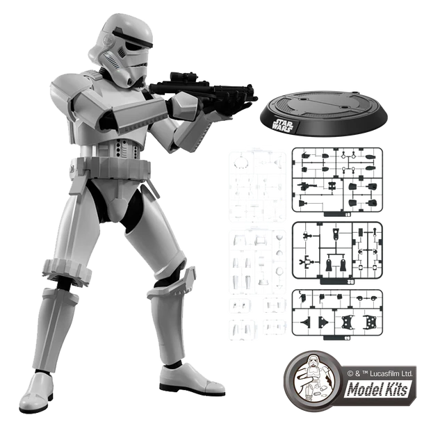 Star Wars Model Kits toy building set featuring a white and black Stormtrooper action figure, a black round base, assembly instruction sheets, and a Star Wars logo on a white background.