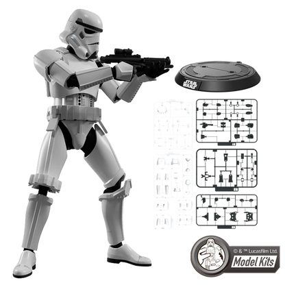 Star Wars Model Kits toy building set featuring a white and black Stormtrooper action figure, a black round base, assembly instruction sheets, and a Star Wars logo on a white background.