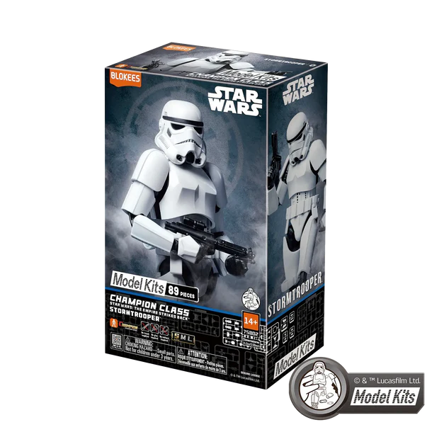 Star Wars Model Kits Champion Class Stormtrooper 88-piece puzzle box by Blokes, featuring a white stormtrooper on a dark gray and black box with Star Wars branding.