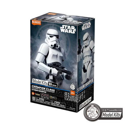Star Wars Model Kits Champion Class Stormtrooper 88-piece puzzle box by Blokes, featuring a white stormtrooper on a dark gray and black box with Star Wars branding.