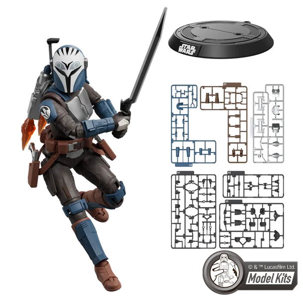 Star Wars The Mandalorian action figure shown with a black display base, plastic sprues, and a Model Kits logo on a white background.