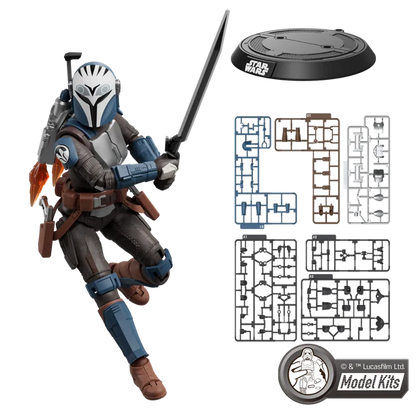Star Wars The Mandalorian action figure shown with a black display base, plastic sprues, and a Model Kits logo on a white background.