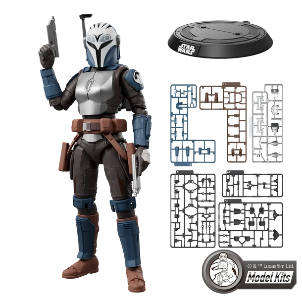 Star Wars The Mandalorian action figure shown alongside its black display base and model kit parts on a white background, with a Model Kits logo at the bottom right.