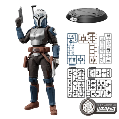 Star Wars The Mandalorian action figure shown alongside its black display base and model kit parts on a white background, with a Model Kits logo at the bottom right.