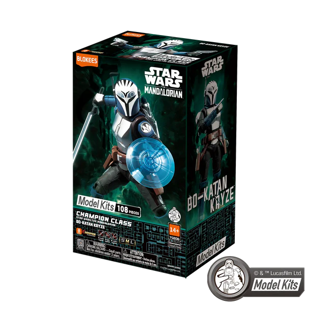 Star Wars The Mandalorian Model Kits 108-piece Bo-Katan Kaytee Champion Class figure kit box by Bloxies, shown on a white background with a Bloxies logo overlay in the bottom right corner.
