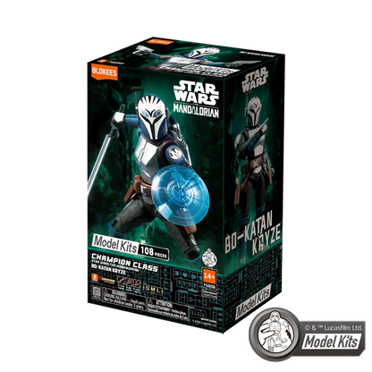 Star Wars The Mandalorian Model Kits 108-piece Bo-Katan Kaytee Champion Class figure kit box by Bloxies, shown on a white background with a Bloxies logo overlay in the bottom right corner.