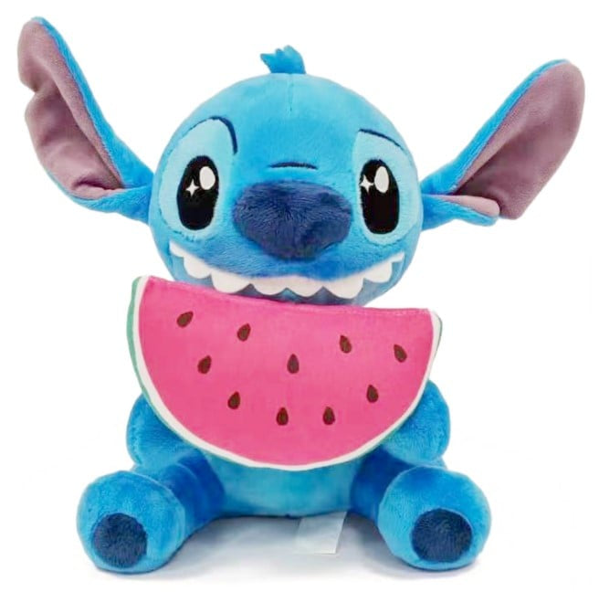 Plush toy resembling a character with a watermelon slice on a white background