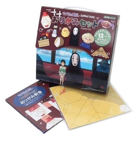 Origami set with packaging featuring characters from Studio Ghibli's 'Spirited Away' on a white background.