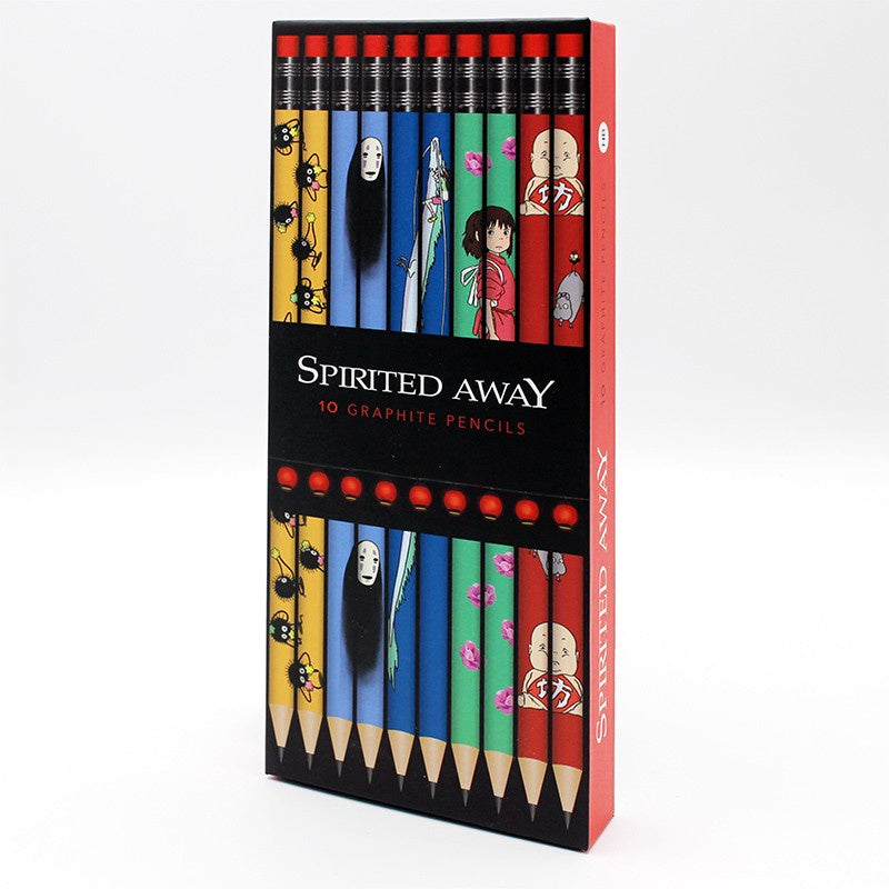 Pack of Spirited Away graphite pencils with character illustrations on a black background