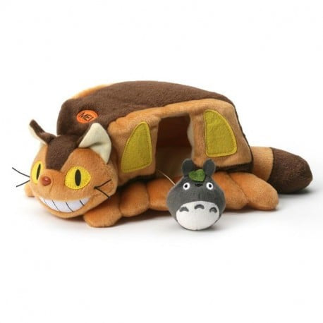 Plush toy resembling a cat-like creature with a smaller plush figure of a character in the foreground on a white background