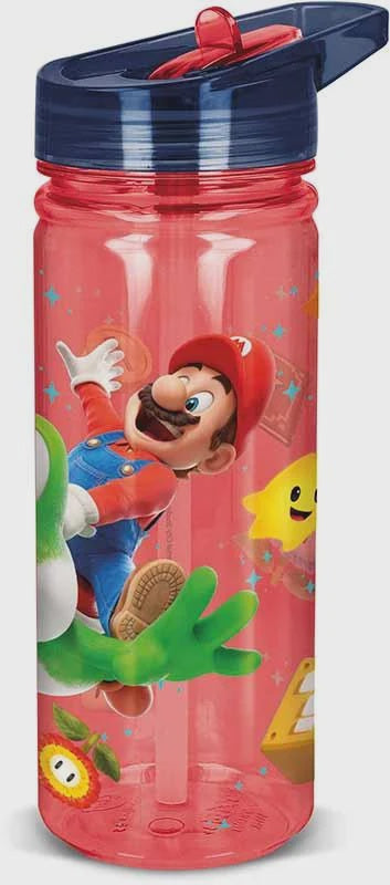 Pink water bottle with Mario character design on a white background