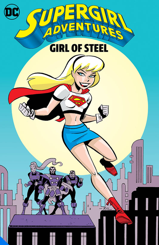 Superheroine in a dynamic pose with cityscape and robots in the background