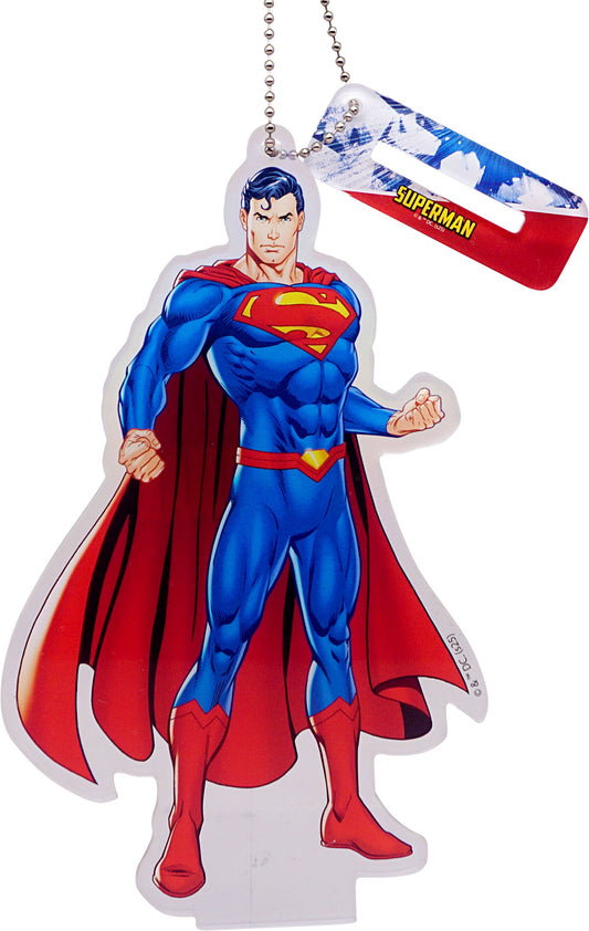 Superman character keychain with red cape and blue suit on a white background