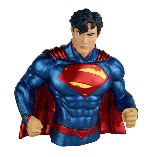 Superman figurine with red cape and blue suit on a white background