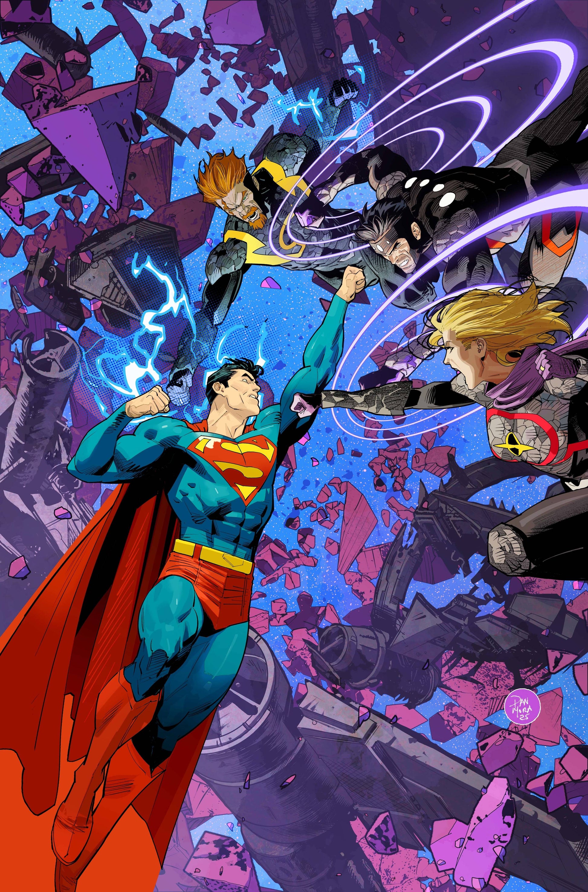 Superman in action pose with colorful background