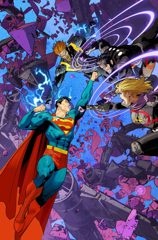 Superman in action pose with colorful background