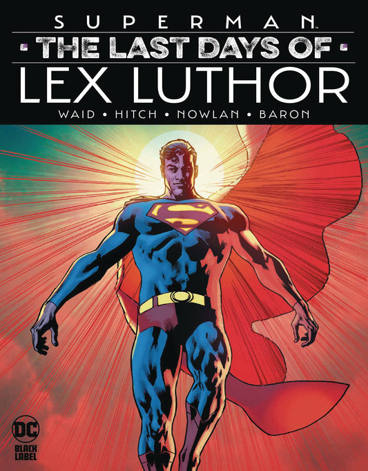 Superman comic book cover with red cape and blue suit on a red and blue background
