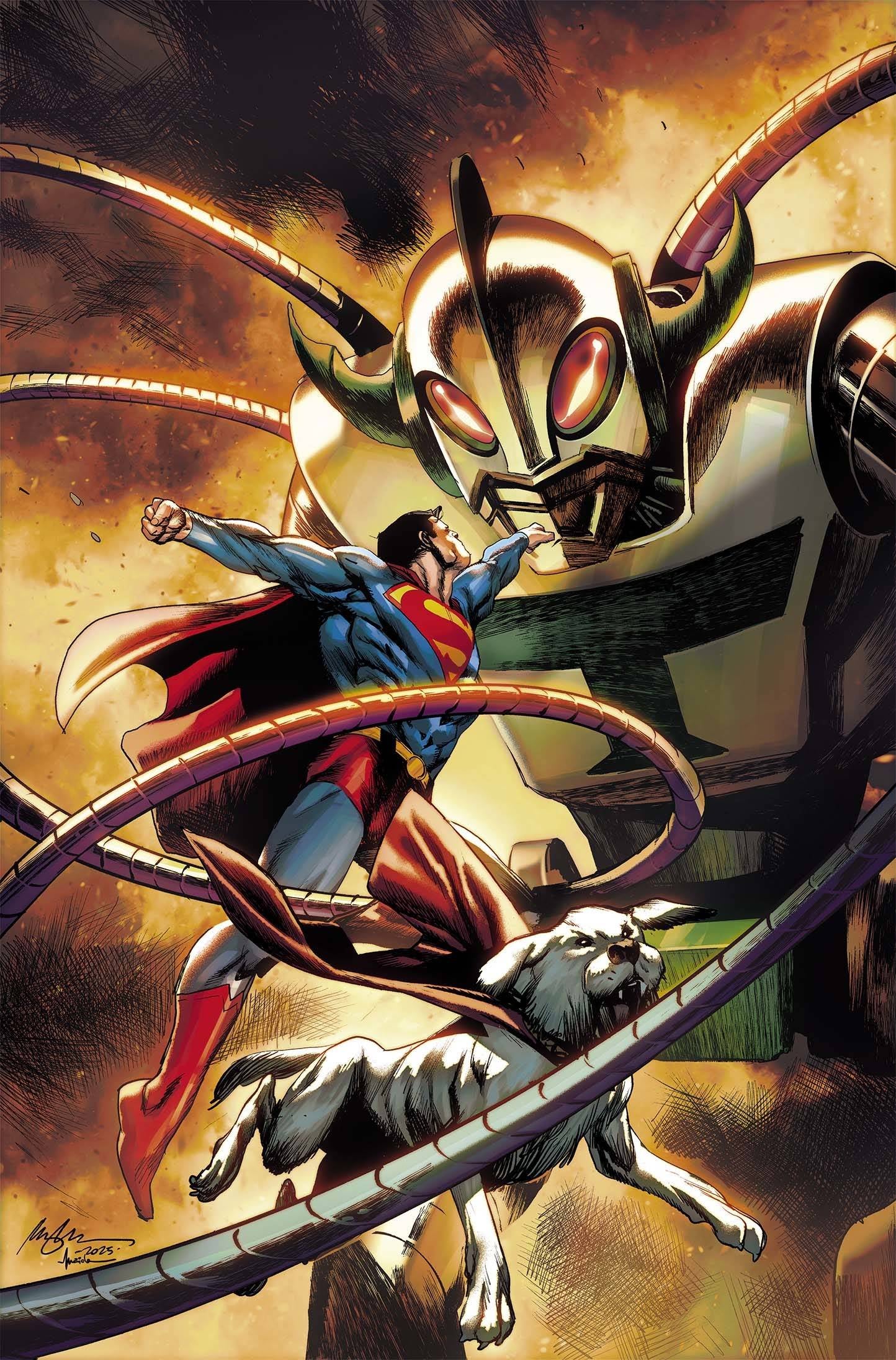 Superman facing off against a large metallic insect-like creature with a dark, dramatic background.