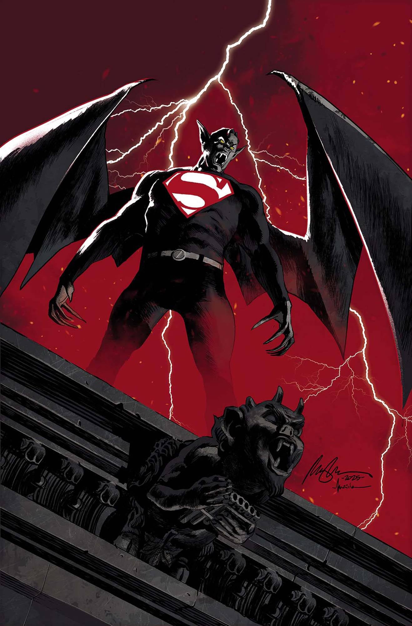 Superman in a dark costume with bat-like wings on a red background