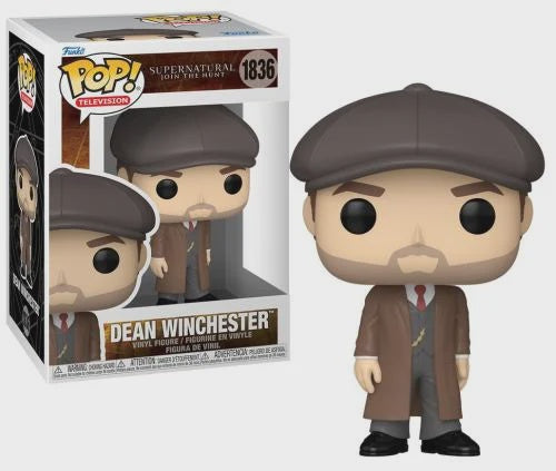 Funko Pop! Television collectible vinyl figure of Dean Winchester from Supernatural, shown next to its original window box packaging on a light gray background.