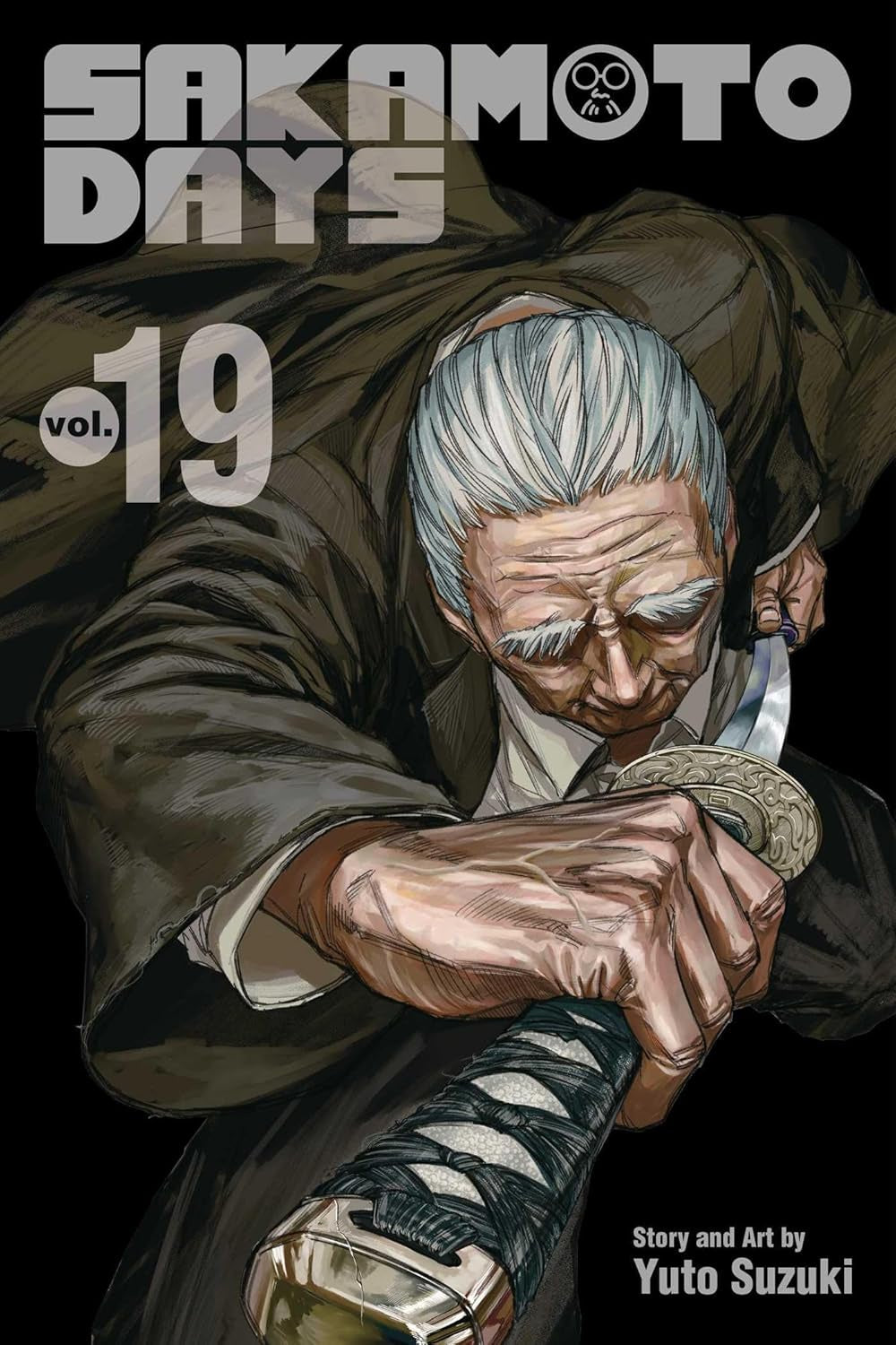 Cover of 'Sakamoto Days' vol. 19 with an elderly samurai holding a sword.