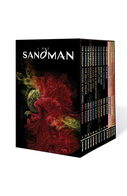 A boxed set of the Sandman comic series with a dynamic, colorful cover featuring floral and smoke graphics.