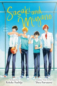 Book cover of 'Sasaki and Miyano' with four characters in front of a school fence.